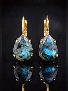 Classic Natural Labradorite In Gold Plated Drop Earrings All Natural Minimalist